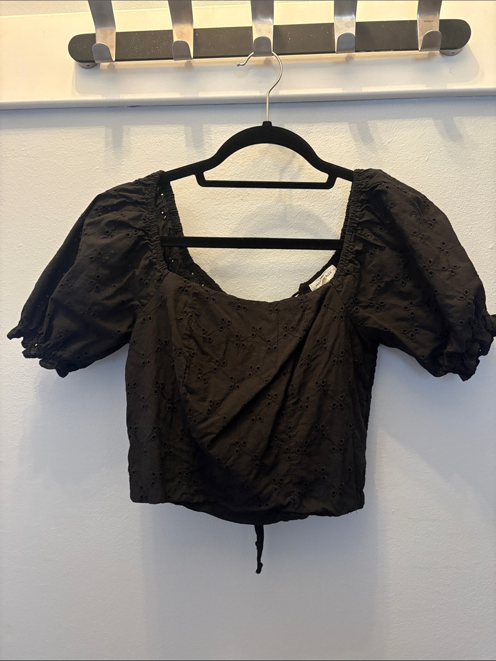 Black Puff Sleeve Cropped Eyelet Top